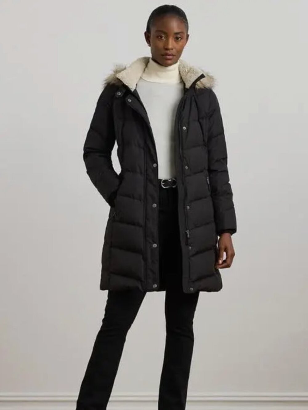 Ralph Lauren Faux Fur Trim Quilted Hooded Puffer Coat Black Sz. XS